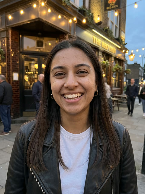 The single photo used: a smiling photo of a young woman in a black leather jacket outside a pub at dusk (AI-generated person)